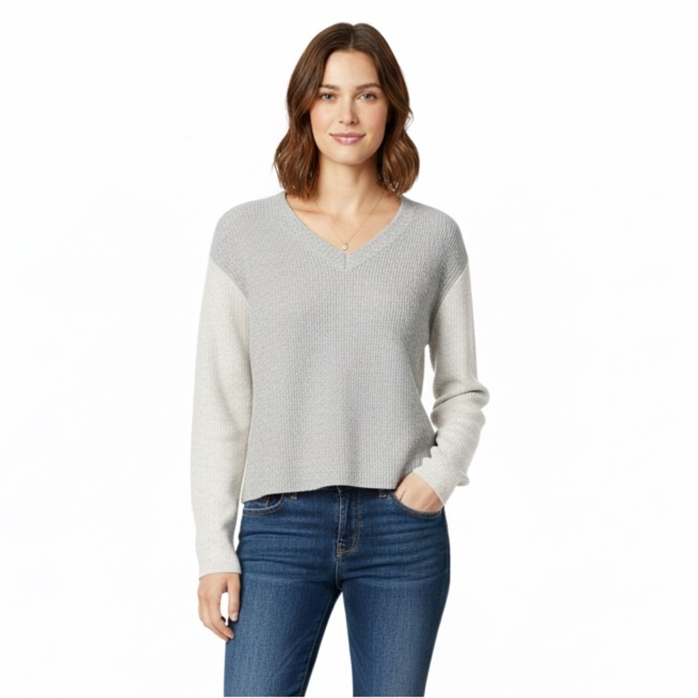 VINCE. Wool & Cashmere Blend Color Blocked Ribbed V Neck Sweater, Size M